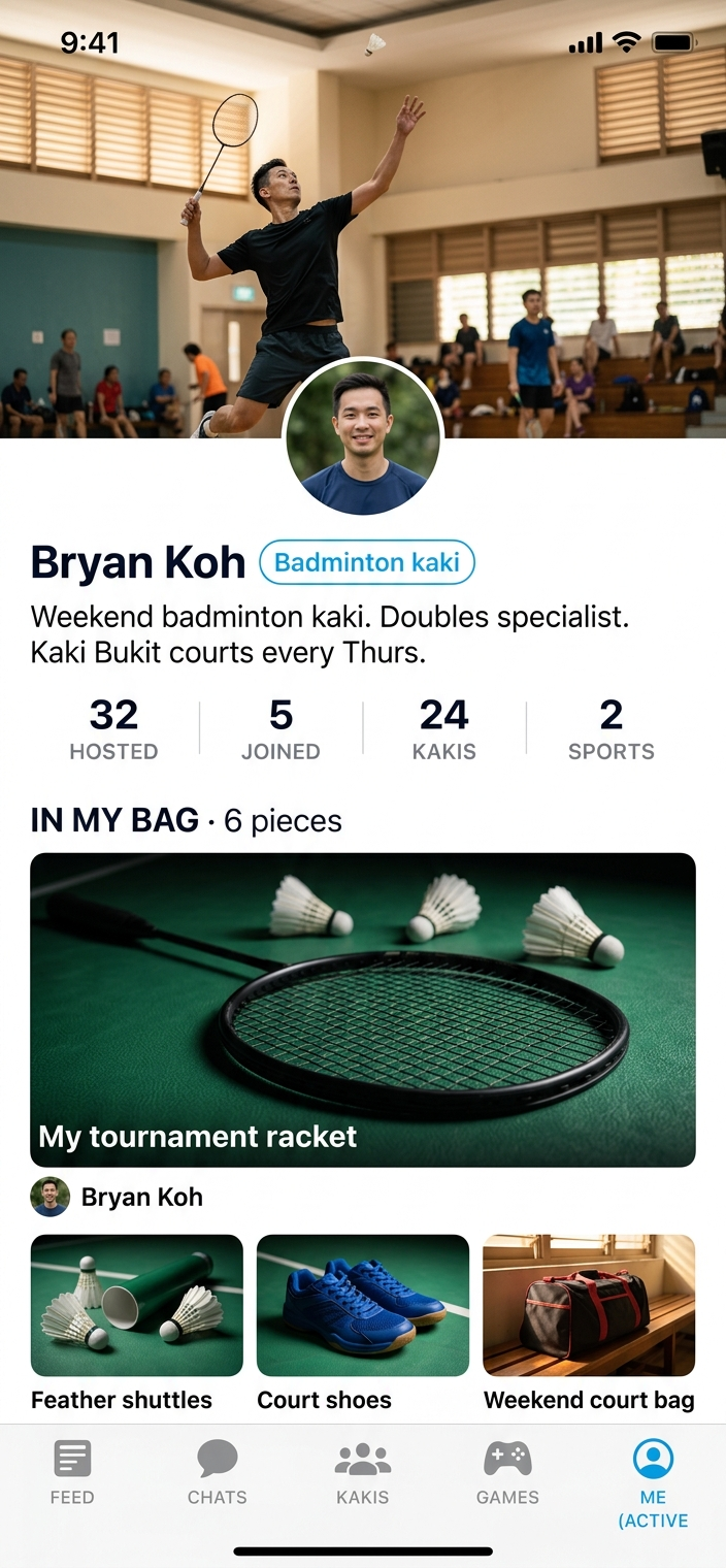 Kakime profile screen showing a Singapore badminton player